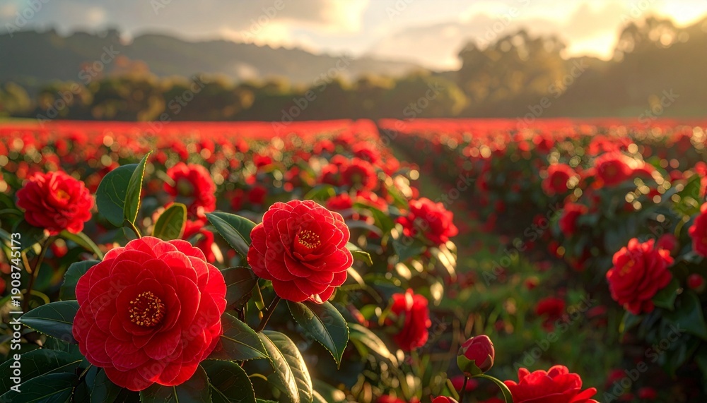 Fototapeta premium Beautiful close-up of a vibrant red camellia flower in a vast agricultural field during a stunning sunset. The scenic landscape is bathed in warm golden hour light, with rows of flowers.