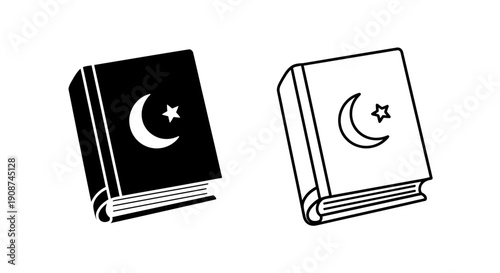 Islamic holy book vector icon set. Black solid and outline Quran or prayer book with crescent moon and star symbol, isolated on white