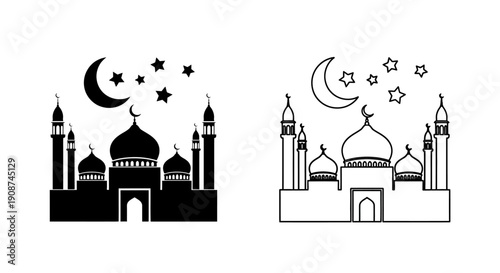 Black silhouette and outline vector mosque with crescent moon and stars, Islamic architecture icon isolated on white
