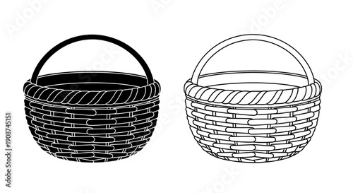 Wicker basket vector icon set, black silhouette and outline, isolated on white