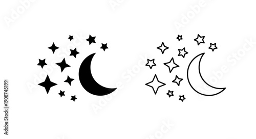 Black vector moon and stars icon set, solid and outline styles, isolated on white