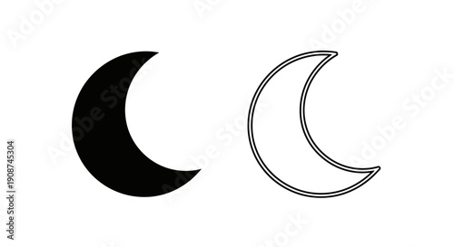 Black crescent moon and outline vector icon set, dark mode symbol, night or sleep UI element, isolated on white