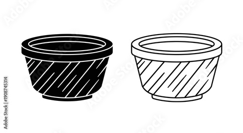 Black and white vector bowls, solid fill and outline versions, kitchenware or plant pot icon set, isolated on white