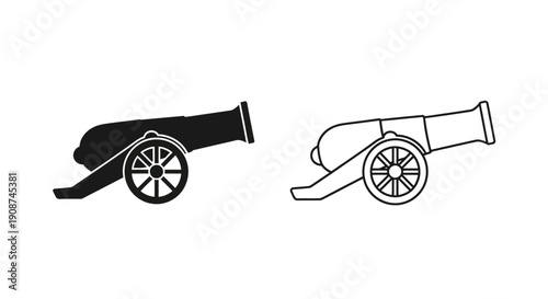 Black vector cannon icon set, filled and outline war weapon symbol, isolated on white