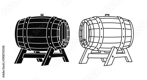 Black and white vector wooden barrel with tap on stand, outline and solid fill, isolated on white