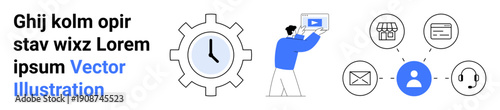 Gear with clock, person streaming video on a screen, and interconnected communication icons. Ideal for productivity, time management, collaboration, customer support, e-commerce, multimedia simple