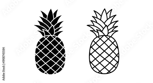 Minimalist vector pineapple icons in solid black fill and outline stroke styles, isolated on a transparent background for UI design or fruit branding.