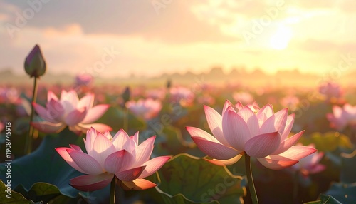 Wallpaper Mural Beautiful field of pink lotus flowers blooming in a serene pond during a warm and golden sunrise, creating a tranquil and picturesque natural landscape with soft light and a peaceful ambiance. Torontodigital.ca