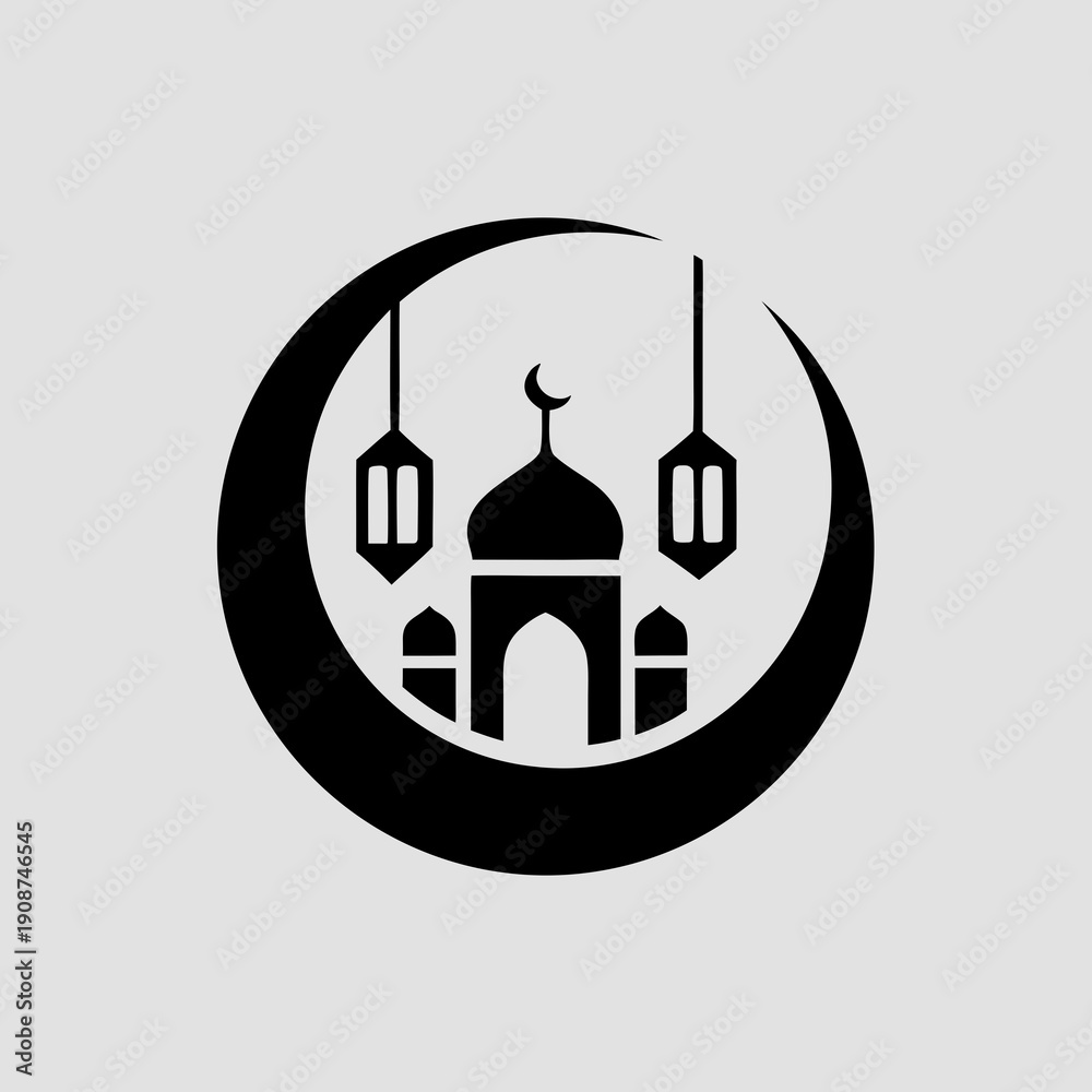 Fototapeta premium Elegant Ramadan crescent moon with mosque and lanterns symbol