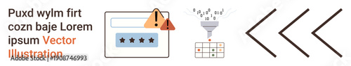 Cybersecurity, data filtering, authentication, warning alerts, digital safety, interface design. Login form with alert icon, data funnel arrows pointing back. Cybersecurity and data filtering