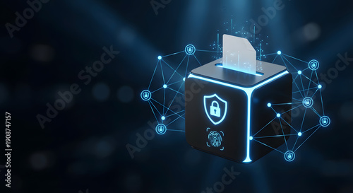 secure digital voting system concept with encrypted ballot box glowing biometric fingerprint scanner and blockchain network connection for electronic elections and data protection