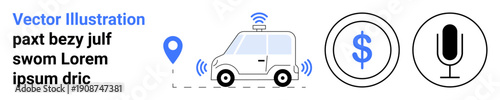 Autonomous transportation, navigation systems, voice commands, smart cities, financial transactions, modern tech. Self-driving car with wireless signals, microphone and dollar icon. Autonomous