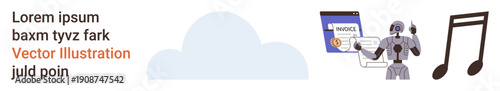 Automation, cloud computing, invoice management, artificial intelligence, robotic processes, creative technology. Robot managing digital invoice and cloud storage, accompanied by musical notes