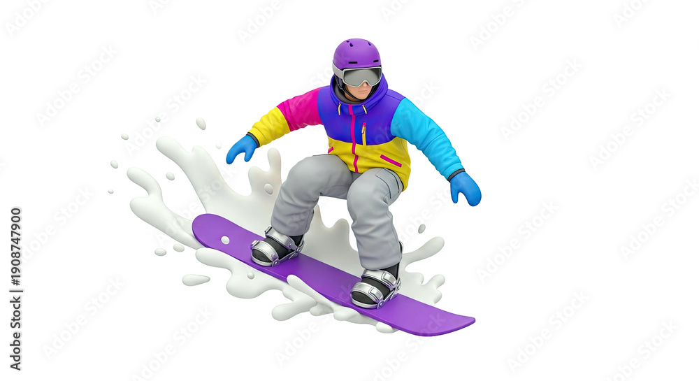 Fototapeta premium 3D Snowboarder in Colorful Jacket Performing a Trick with White Splash
