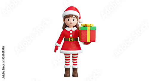 3D Cartoon Girl in Santa Outfit Holding a Christmas Gift