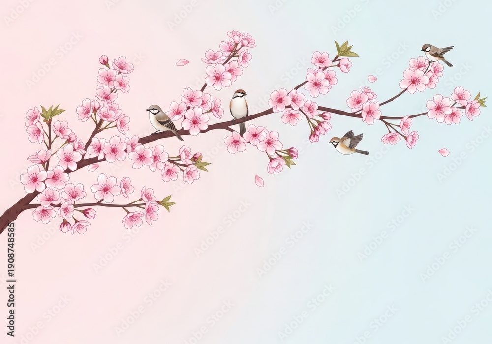 Fototapeta premium Pink cherry blossom branch with birds
