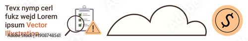 Cloud storage, data auditing, cybersecurity, compliance, finance, technology integration. Icons include a checklist with magnifying glass, warning triangle cloud and coin symbol. Cloud storage