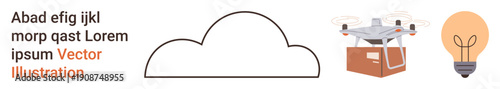 Technology innovation, cloud storage, quadcopter shipping, creative ideas, modern solutions, delivery systems. Cloud outline, Quadcopter carrying a box and light bulb. Cloud storage and drone
