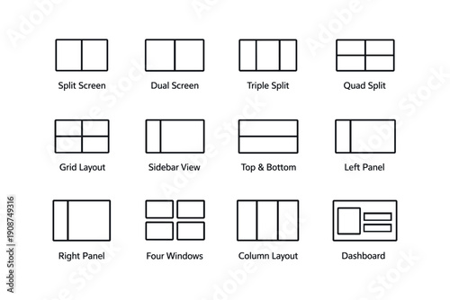 Twelve layout diagram icons for screen and panel arrangements