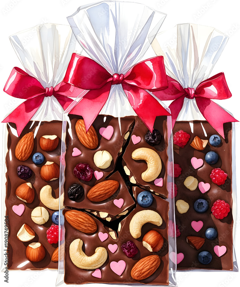 Obraz premium Pink chocolate gift bags filled with assorted nuts and sweets tied with red ribbons watercolor illustration