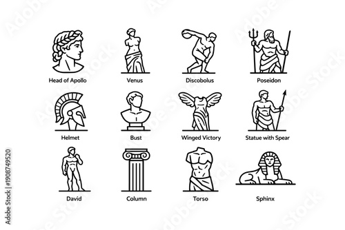 Icons of greek and roman mythology: apollo, venus, discobolus, poseidon, and more