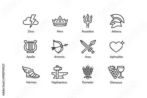 Greek gods and symbols: zeus, hera, poseidon, athena, apollo, artemis, ares, aphrodite, hermes, hephaestus, demeter, dionysus