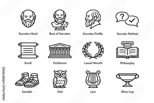 Icons of socratic philosophy: socrates, parthenon, laurel, owl, lyre, and more