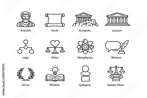 Icon set: aristotle, acropolis, logic, ethics, virtue and more