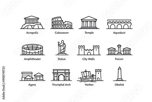 Ancient roman and greek architectural icons: colosseum, acropolis, aqueduct, statue, temple