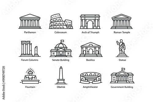 Iconic ancient roman landmarks: parthenon, colosseum, arch, temples, forum, senate, basilica