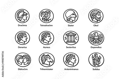 Ancient coin icons featuring greek and roman denominations with mythical symbols