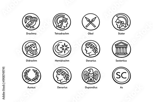 Ancient coin icons depicting avian, deity, architectural symbols in black and white