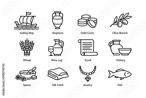 Icon set: ancient trade goods including sailing ship and amphora