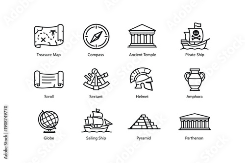 Icons of exploration and history: map, compass, ship, temple, and more