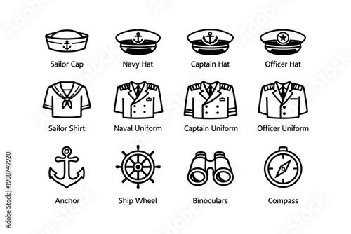Sailor and naval accessories: hats, uniforms, and nautical tools icons set