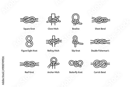 Twelve essential knot diagrams: square, bowline, clove, sheet, figure eight, rolling, slip, double fisherman's, reef, anchor, butterfly, carrick