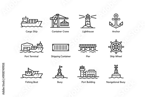 Maritime icons set: cargo ship, lighthouse, port terminal, and more