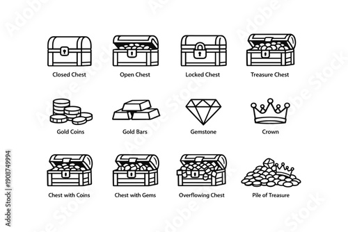 Collection of treasure chests and treasures: coins, gems, crowns, and more