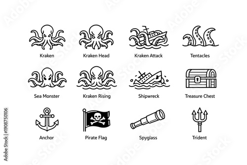 Kraken and nautical symbols: pirates, shipwrecks, treasure, and more