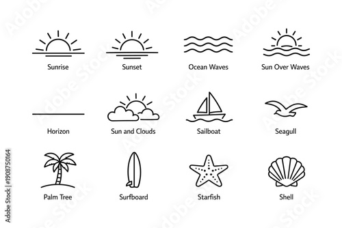 Minimalist beach icons featuring sun, ocean waves, sailboat, and seashell