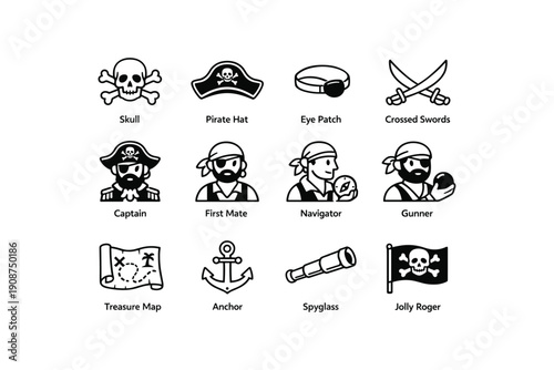 Pirate symbol set with skulls, swords, and hats