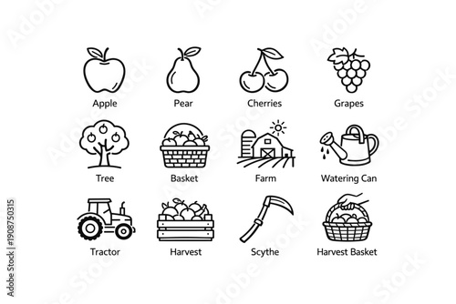 Farm produce icons: apple pear cherries grapes basket farm tractor