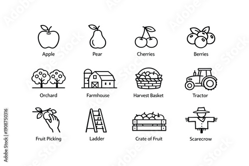 Fruit and farm icon set featuring apple pear cherries berries orchard farmhouse