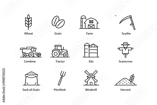 Agricultural icons set: wheat, tractor, windmill, silo, scythe, scarecrow