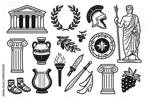 Ancient greek symbols and artifacts: columns, armour, laurel, lyre, statue