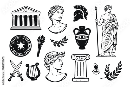 Ancient greek symbols: columns, helmets, statues, vases, shields, laurel wreaths
