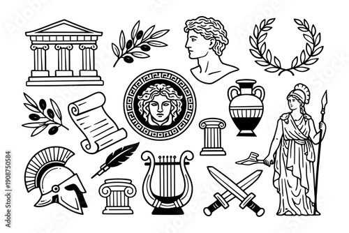 Greek mythology symbols and icons featuring athena and apollo