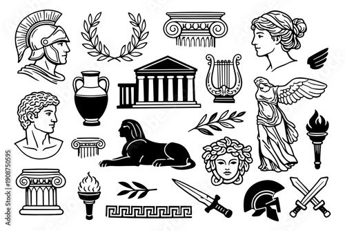 Ancient greek symbols and architecture: sphinx, laurel, columns, medusa, helmet, lyre, temple