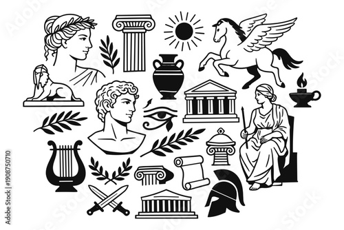 Ancient greek symbols: columns, pegasus, sphinx, goddess