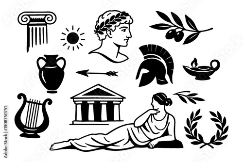 Classical greek symbols and figures icon set with mythological elements